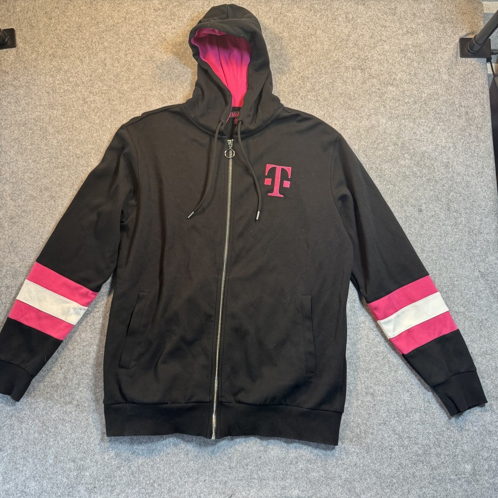 T-Mobile Corporate Full-Zip Hoodie‎ Large Black Magenta Striped Sleeve Zip Up